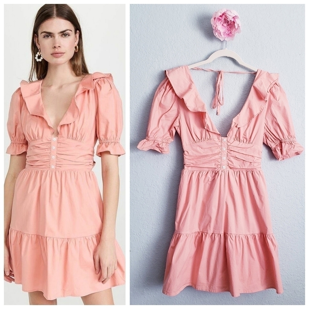 WAYF Pink Ruffle Neck Tiered Open Back Mini Dress